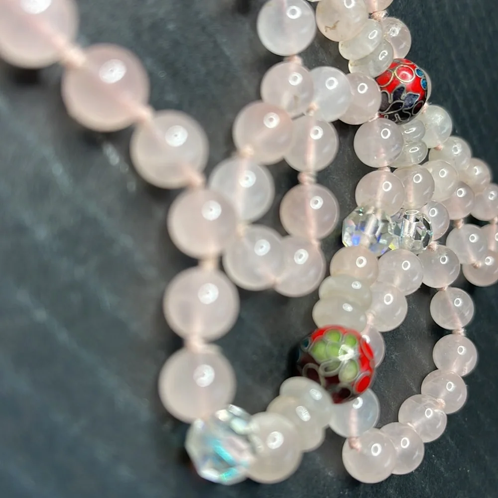 Pink Rose Quartz Beaded Necklace w Cloisonne & Aurora Borealis Accent Be…